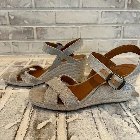 Lucky Brand Myghan Espadrille Linen Wedge Sandal Ankle strap Size 9.5 - Picture 2 of 11